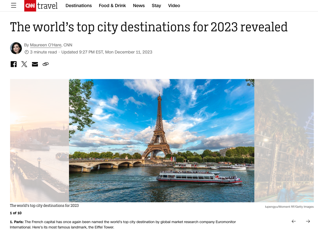 Euromonitor International 与数据公司 Lighthouse 合作编制的 2023 年 100 强城市目的地指数考察了世界各地的主要城市